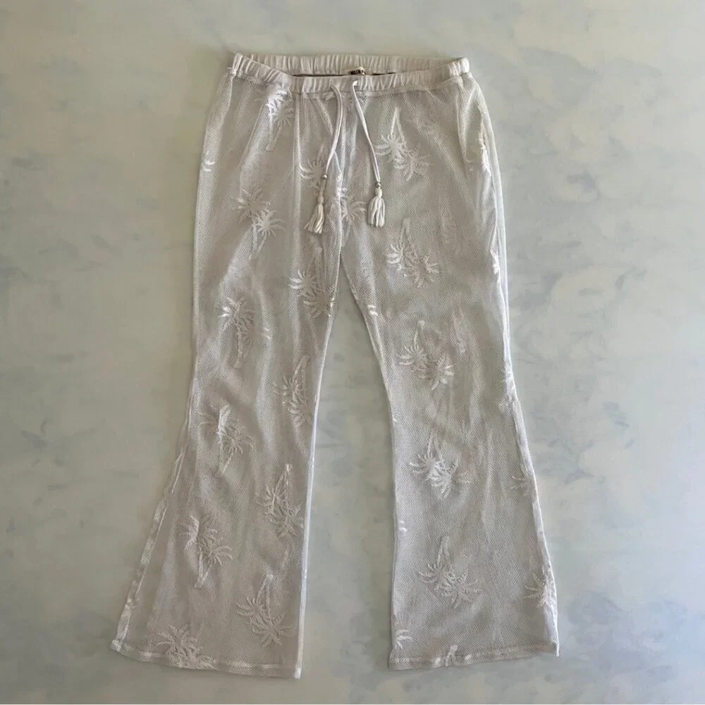 Miken Swim White Mesh Palm Tree Drawstring Coverup Pants - Picture 1 of 6